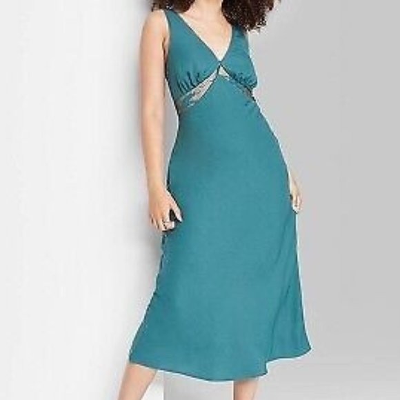 Lace Insert Bodice V Neck Slip Camisole Chemise Midi Dress Teal NWT Wild Fable - Picture 3 of 11
